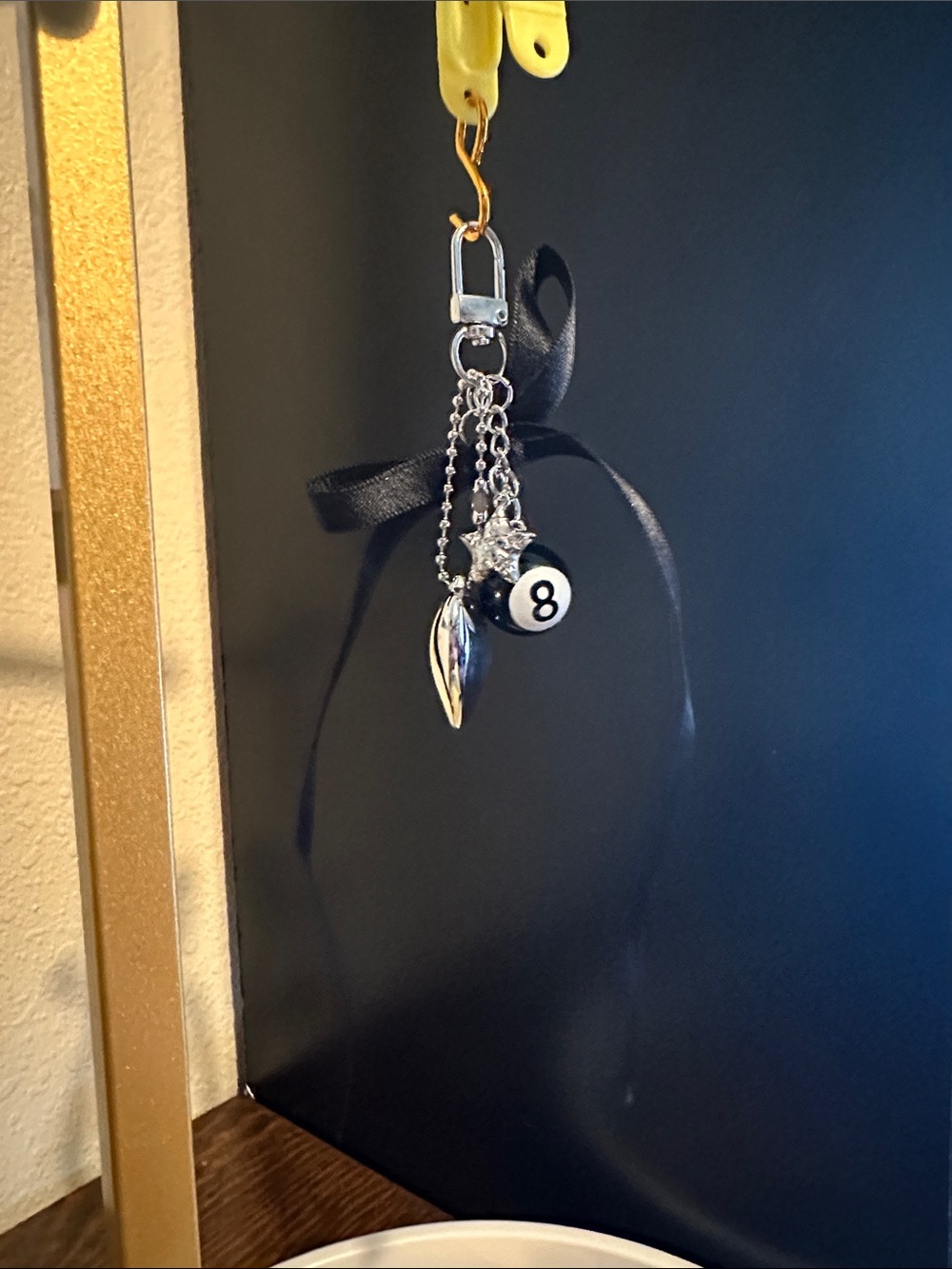 8-Ball Charm Keychain with Black Ribbon